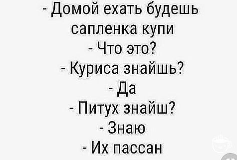 Домой ехать будешь сапленка купи Что это Куриса знайшь Да Питух знайш Знаю Их пассан
