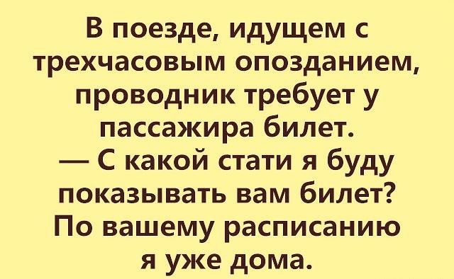 В поезде идущем с трехчасовым опозданием проводник требует у пассажира билет С какой стати я буду показывать вам билет По вашему расписанию я уже дома