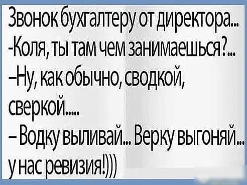 Звонок ухгалтеруотдиректора Коляты там чем занимаешься Ну как обычно сводкой сверкой ВодкувыливайВеркувыгоняй нас евизия