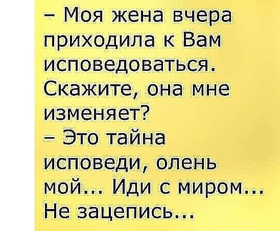 Моя жена вчера приходила к Вам исповедоваться Скажите она мне изменяет Это тайна исповеди олень мой Иди с миром Не зацепись
