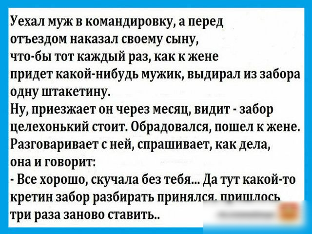 Уехал муж в командировку а перед отъездом наказал своему сыну что бы тот Каждый раз как к жене придет какой нибудь мужик выдирал из забора одну штакетину Ну приезжает он через месяц видит забор целехонький стоит обрадовался пошел к жене Разговаривает с ней спрашивает как дела она и говорит Все хорошо скучала без тебя Да тут какой то кретин забор разбирать принялся пришлось три раза заново ставить