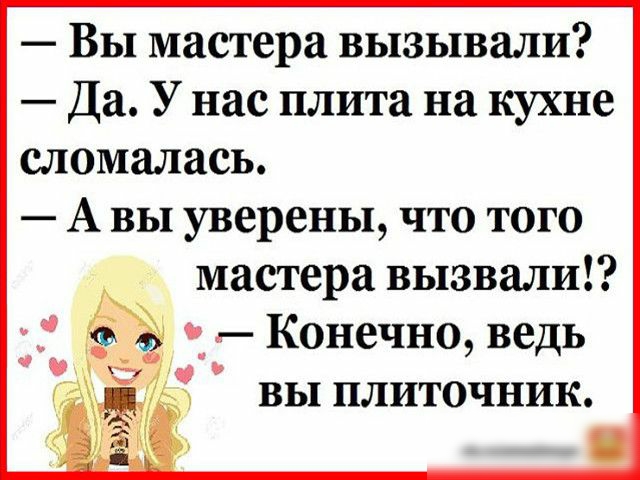 Вы мастера вызывали Да У нас плита на кухне сломалась А вы уверены что того мастера вызвали Конечно ведь вы плиточник