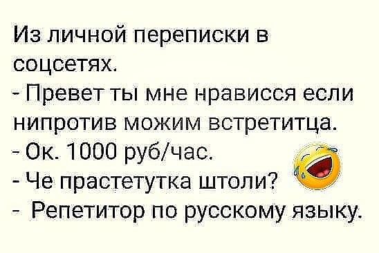 Из личной переписки в соцсетях Превет ты мне нрависся если нипротив можим встретитца Ок1000 рубчас Че прастетутка штоли Репетитор по русскому языку