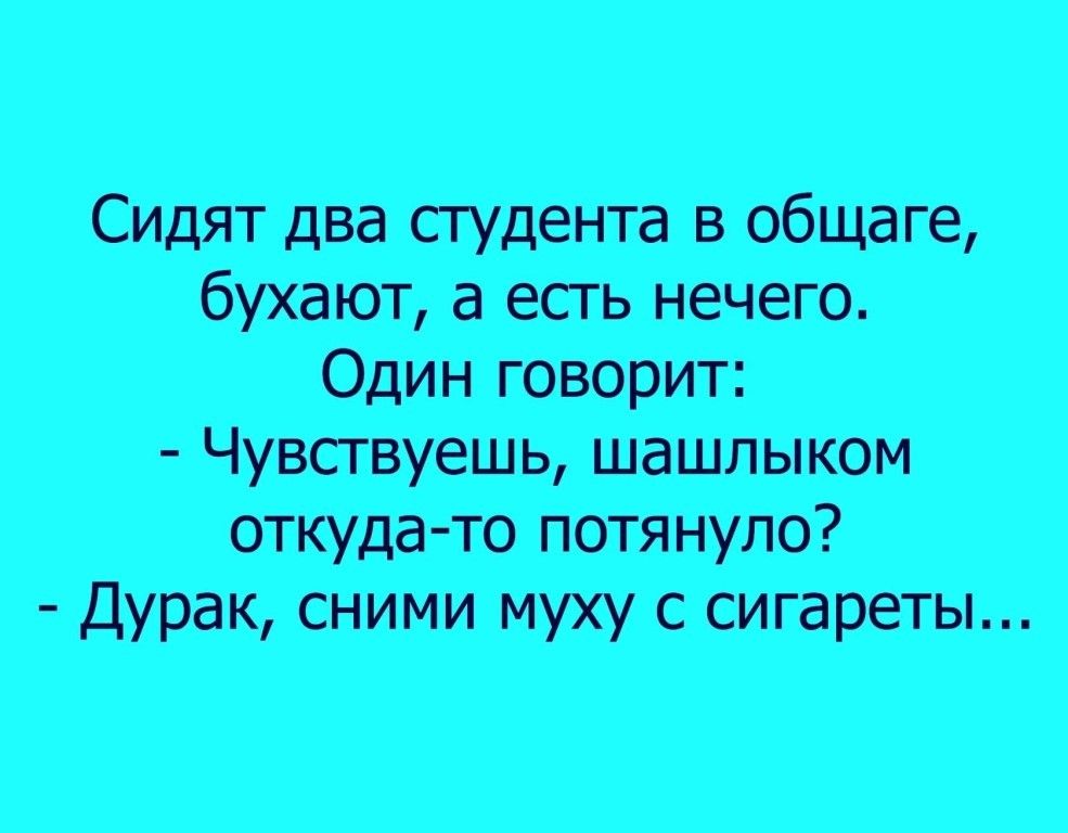 Сядятдвастудетвобшащ будетаесгънеччо Один говорит ь шашлыком откудато потянуло дурак сними муху с сигарет
