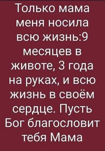 Только мама меня носила всю жизнь9 месяцев в животе 3 года на руках и всю жизнь в своём сердце Пусть Бог благословит тебя Мама