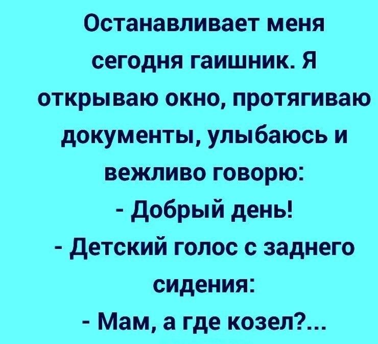 Останавливает меня сегодня гаишник Я открываю окно протягиваю документы улыбаюсь и вежливо говорю добрый день детский голос с заднего сидения Мам а где козел