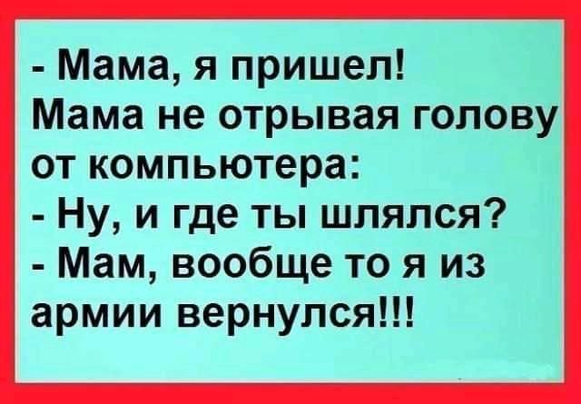 Мама я пришел Мама не отрывая голову от компьютера Ну и где ты шлялся Мам вообще то я из армии вернулся
