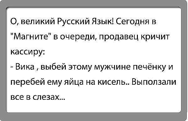 О великий Русский Язык Сегодня в Магните в очереди продавец кричит кассиру Вика выбей этому мужчине печёнку и перебей ему яйца на кисель Выползапи все в слезах