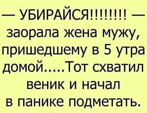 УБИРАЙСЯ заорала жена мужу пришедшему в 5 утра домой Тот схватил веник и начал в панике подметать
