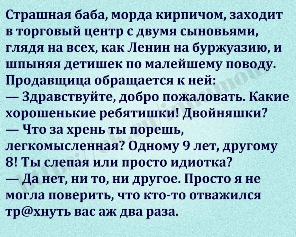 Страшная баба морда кирпичом заходит в торговый центр с двумя сыновьями глядя на всех как Ленин на буржуазию и шпыняя детишек по малейшему поводу Продавщица обращается к ней Здравствуйте добро пожаловать Какие хорошенькие ребятишки Двойняшки Что за хрень ты порешь легкомысленная Одному 9 лет другому 8 Ты слепая или просто идиотка Да нет ни то ни другое Просто я не могла поверить что кто то отважил