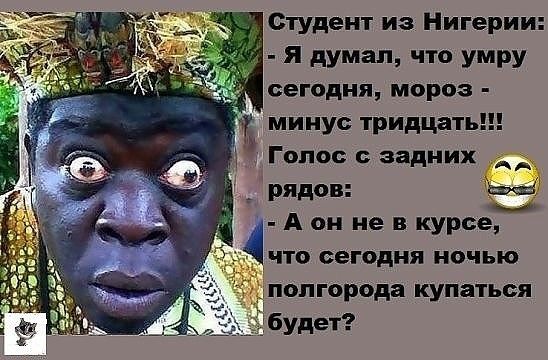 Студент из Нигерии я думал что умру сегодня мороз _ минус тридцат _ Голос задних рядов ЗУ А он не в курсе что сегодня ночью полгорода купаться будет