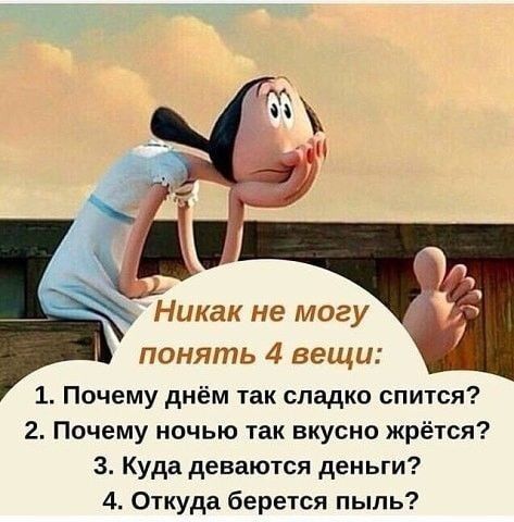 Никак не могу понять 4 вещи 1 Почему днём так сладко спится 2 Почему ночью так вкусно жрётся 3 Куда деваются деньги 4 Откуда берется пыль