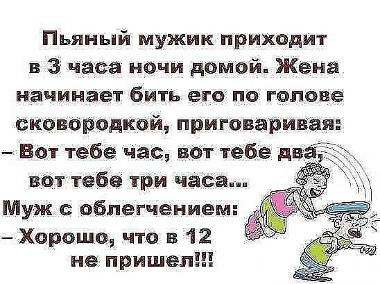Пьяный мужик приходит в 3 часа ночи домой Жена начинает бить его по голове сковородкОй приговаривая Вот тебе час вот тебе А вот тебе три часа Мужс облегчением Хорошо что в 12 не пришел