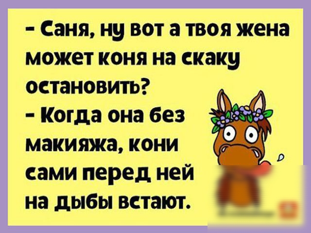 Саня ну вот а твоя жена может коня на скаку остановить Когда она без макияжа кони сами перед ней на дыбы встают