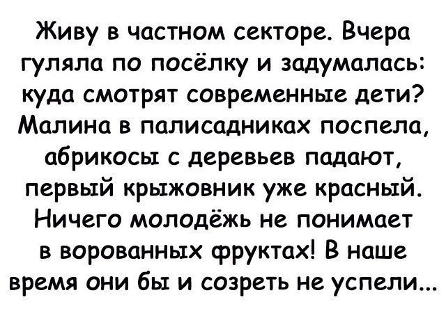 Живу в частном секторе Вчера гуляла по посёлку и задумалась куда смотрят современные дети Малина в палисадниках поспела абрикосы с деревьев падают первый крыжовник уже красный Ничего молодёжь не понимает в ворованных фруктах В наше время они бы и созреть не успели
