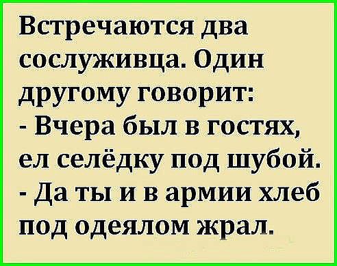 Встречаются два сослуживца Один другому говорит Вчера был в гостях ел селёдку под шубой Да ты и в армии хлеб под одеялом жрал