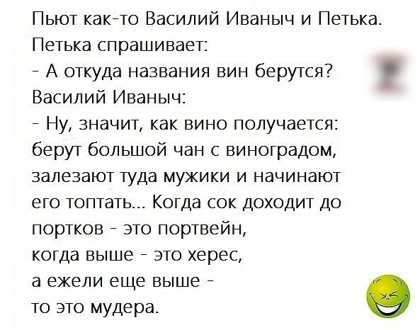 Пьют какнто Василий Иваныч и Петька Петька спрашивает А откуда названия вин берутся Василий Иваныч Ну значит как вино получается берут большой чан с виноградом залезают туда мужики и начинают его топтать Когда сок доходит до портков это портвейн когда выше это херес а ежели еще выше то это мудера