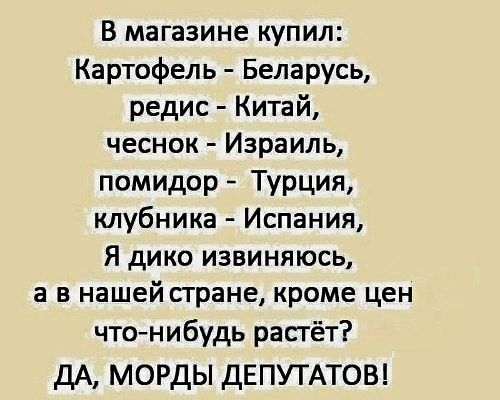 В магазине купил Картофель Беларусь редис Китай чеснок Израиль помидор Турция клубника Испания Я дико извиняюсь а в нашей стране кроме цен чтонибудь растёт ДА морды дЕПУТАТОВ