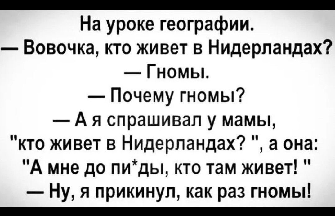 _ На уроке географии Вовочка кто живет в Нидерландах Гномы Почему гномы А я спрашивал у мамы кто живет в Нидерландах а она А мне до пиды кто там живет Ну я прикинул как раз гномы _