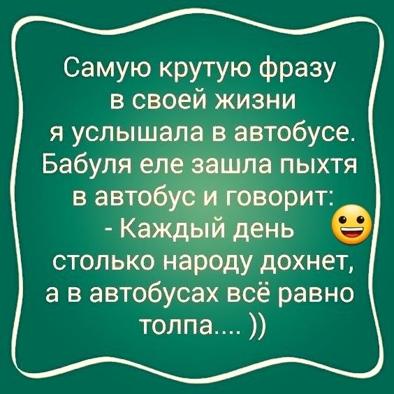 Самую крутую фразу в своей жизни я услышала в автобусе Бабуля еле зашла пыхтя в автобус и говорит Каждый день столько народу дохнет а в автобусах всё равно толпа