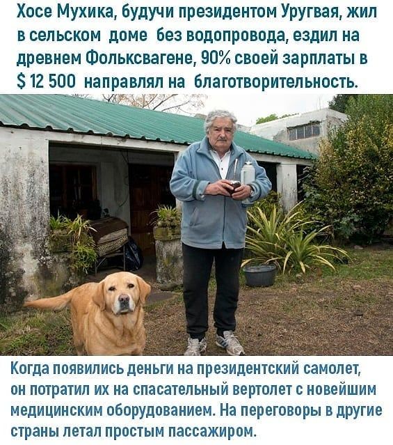 Хосе Мухика будучи президентом Уругвая жил в сельском доме Без водопровода ездил на древнем Фопьксвагене 90 своей зарплаты в 12 500 направлял на благотворительность Когда появились деньги на президентским самолет он потратил их на спасательный вертолет с новейшим медицинским оборудованием На переговоры в дРУгме страны летал простым пассажиром