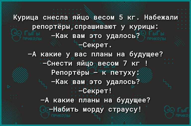 Курица снесла яйцо весом 5 кг Набежали репортёрыспрашивают у курицы Как вам это удалось Секрет А какие у вас планы на будущее Снести яйцо весом 7 кг Репортёры к петуху Как вам это удалось Секрет А какие планы на будущее Набить морду страусу