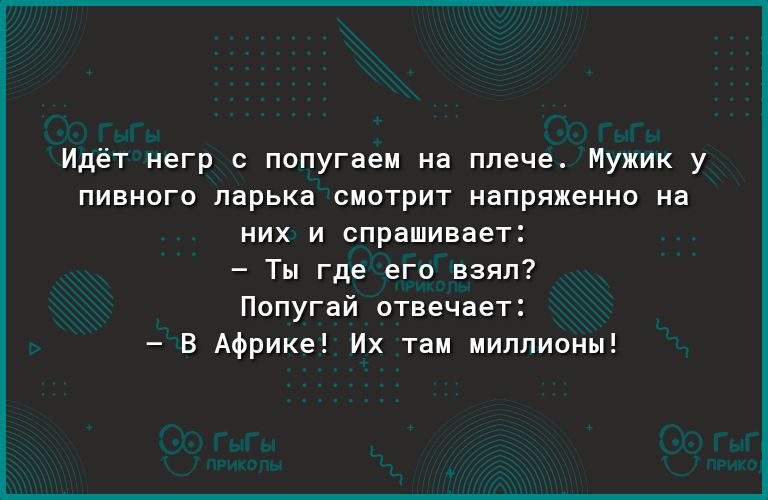 Идёт негр с попугаем на плече Мужик у пивного ларька смотрит напряженно на них и спрашивает Ты где его взял Попугай отвечает В Африке Их там миллионы