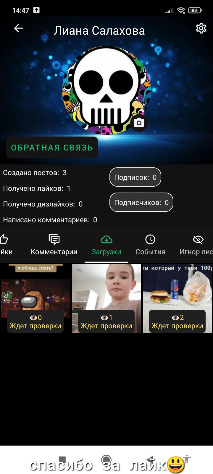 1447 Лиана Салахова ОБРАТНАЯ СВЯЗЬ Создано постов 3 Получено лайков Получено дизлайков О ПОДПИСЧИКОВ 0 Написано комментариев 0 Ё йки Комментарии Загрузки События Игнор лис который у т я 100 оо 01 02 А Ждет проверки Ждет проверки Ждет проверки