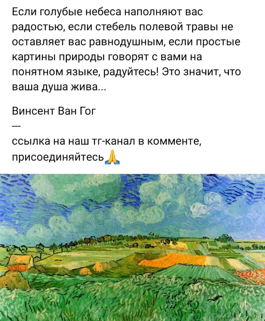 ЕСЛИ Голубые небеса НЗПОЛНЯЮТ ВЭС радостью если стебель полевой травы не ОСТЭБЛПЭТ вас равнодушным ЕСЛИ ПРОСТЫЕ Картины ПРИРОДЫ ГОЕОрЯТ С вами на понятном языке радуйтесь Это значитчто ваша душа ЖИВЕ Винсент Ван Гог ссылка на наш тгАканап в коммента присоединяйтесь