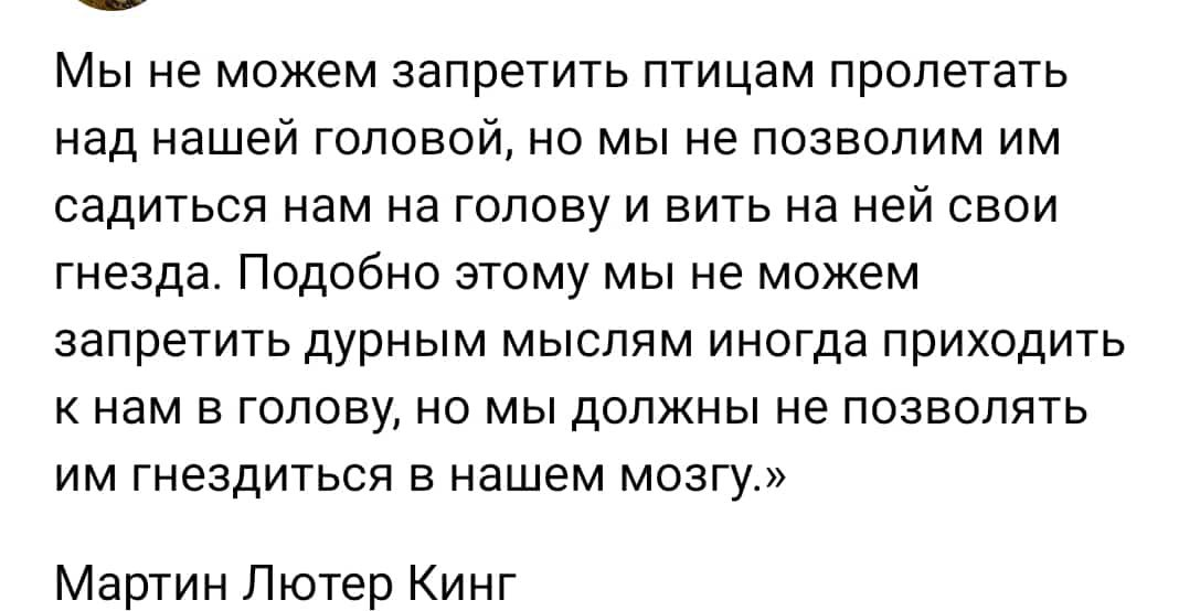 Мы не можем запретить птицам пролетать над нашей головой но мы не позволим им садиться нам на голову И вить на ней свои гнезда Подобно этому мы не можем запретить дурным мыслям иногда приходить нам в голову но мы должны не позволять им гнездиться в нашем мозгу Мартин Лютер Кинт