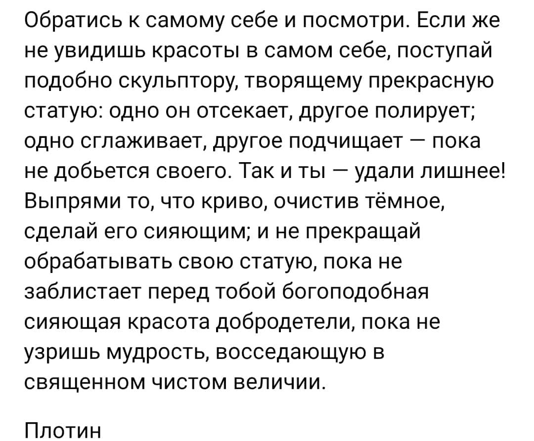 Обратись к самому себе и посмотри Если же не увидишь красоты в самом себе поступай подобно скульптору творящему прекрасную статую одно он отсекает другое полирует одно сглаживает другое подчищает пока не добьется своего Так и ты удали лишнее Выпрями то что криво очистив темное сделай его сияющим и не прекращай обрабатывать свою статую пока не аабпистает перед тобой богоподобная сияющая красота доб