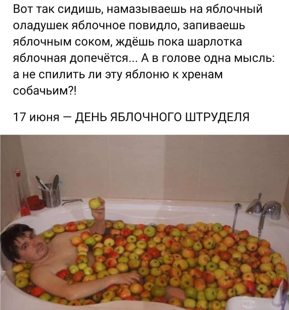 Вот так сидишь намазываешь на яблочный опадушек яблочное повидло запиваешь яблочным соком ждёшь пока шарлотка яблочная допечётся А в голове одна мысльг а не спилить ли эту яблоню к хренам собачьим 17 июня ДЕНЬ ЯБЛОЧНО ШТРУДЕЛЯ