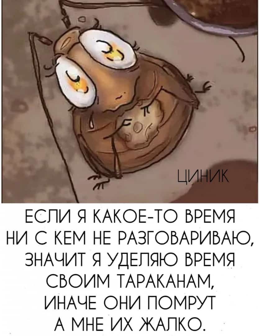 ЕСПИ Я КАКОЕТО ВРЕМЯ НИ С КЕМ НЕ РАЗГОВАРИВАЮ ЗНАЧИТ Я УДЕПЯЮ ВРЕМЯ СВОИМ ТАРАКАНАМ ИНАЧЕ ОНИ ПОМРУТ А МНЕ ИХ ЖАПКО