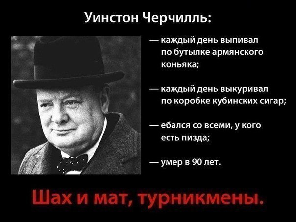 Уинстон Черчилль каждый день выпивая по бутылке армянского коньяка каждый день выкуривап по коробке кубинских сигар ебапся со всеми у кого есть п изда умер в 90 лет Шах И МОТ ТУРНИКМЕНЫ