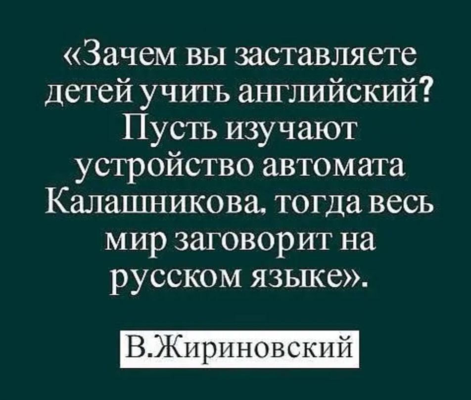 Зачем вы заставляете Детей учить английский Пусть изучают устройство автомата Калашникова тогда весь мир заговорит на русском языке ВЖиринов ский