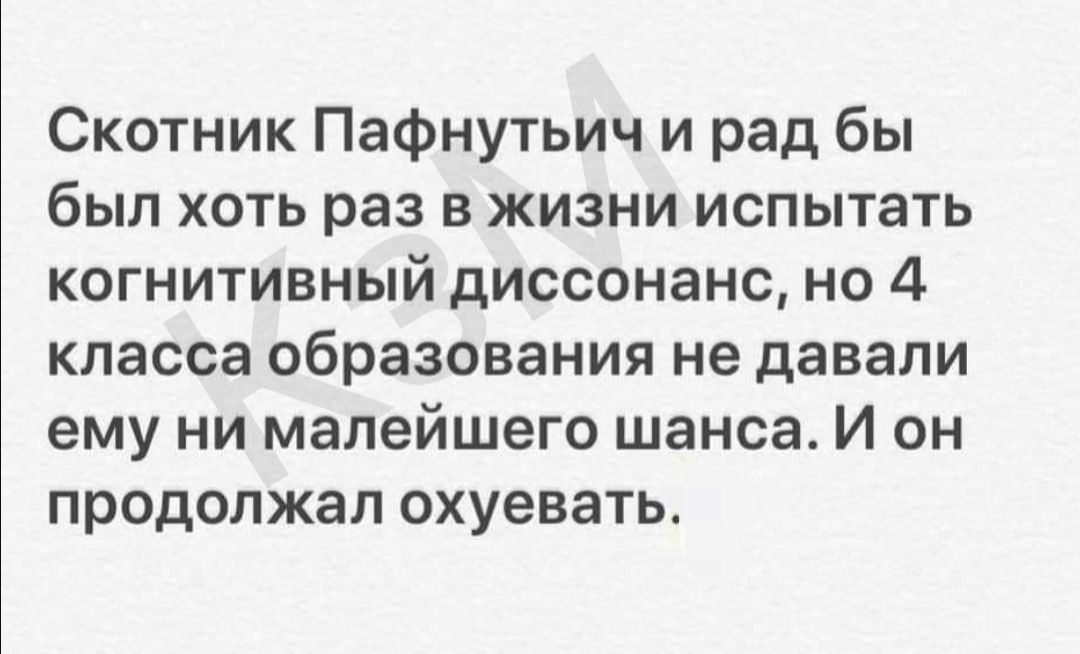 Скотник Пафнутьич и рад бы был хоть раз в жизни испытать когнитивный диссонанс но 4 класса образования не давали ему ни малейшего шанса И он продолжал охуевать