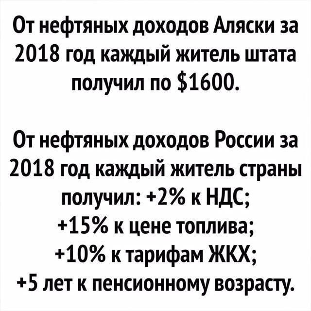 0т нефтяных доходов Аляски за 2018 год каждый житель штата получил по 1600 От нефтяных доходов России за 2018 год каждый житель страны получил 2 к НДС 15 к цене топлива 10 к тарифам ЖКХ 5 лет к пенсионному возрасту