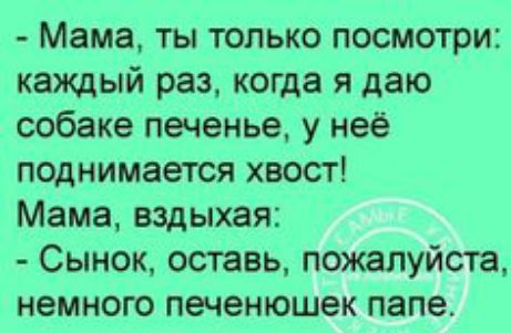 Мама ты только посмотри каждый раз когда я даю собаке печенье у неё поднимается хвост Мама вздыхая Сынок оставь пожалуйсга немного печенюшек папе