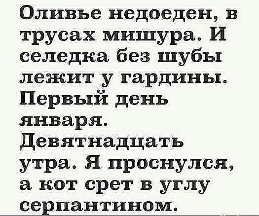 Оливье недоеден в трусах мишура И селедка без шубы лежит у гардины Первый день января Девятнадцать утра Я проснулся кот срет в углу серпантином