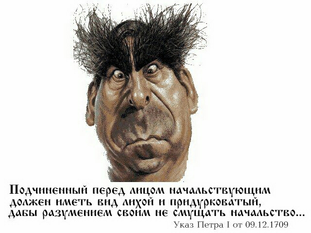 Подчиненный перед лицом начмьсгвующим дмжен иметь вид лихой и придурковагыи даны ршчмением своим не смущать нммьсгво Указ Петра 1 пт 09 12 1709