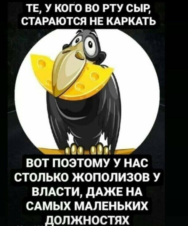 ТЕ У КОГО ВО РТУ СЫР СТАРАЮТСЯ НЕ КАРКАТЬ Ц ВОТ ПОЭТОМУ У НАС СТОЛЬКО ЖОПОЛИЗОВ У ВЛАСТИ дАЖЕ НА САМЫХ МАЛЕНЬКИХ ДОЛЖНОСТЯХ