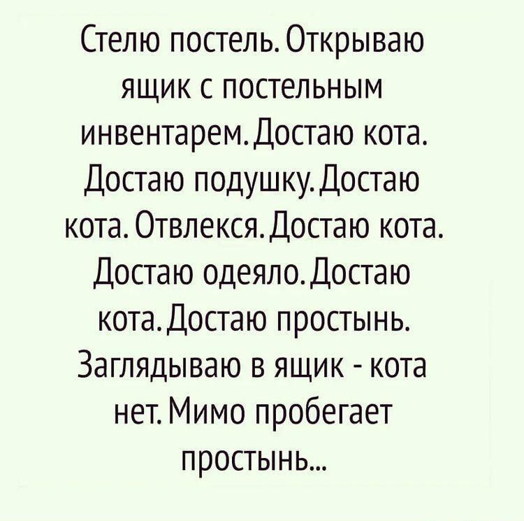 Мимо пробежал встречный пароход блестя разноцветными глазами. Стелю постель достаю кота. Мимо пробегает простынь достаю. Стелю постель открываю ящик. Достаю простынь достаю кота мимо пробегает.