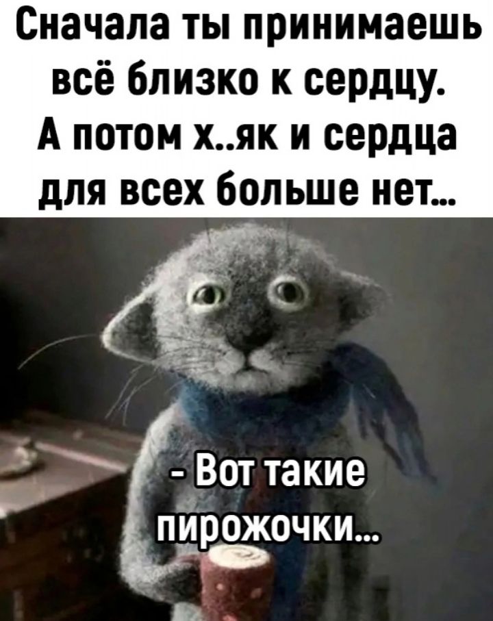 Сначала ТЫ принимаешь всё близко к сердцу А потом хяк и сердца для всех больше нет Вот такие пирожочки Щ
