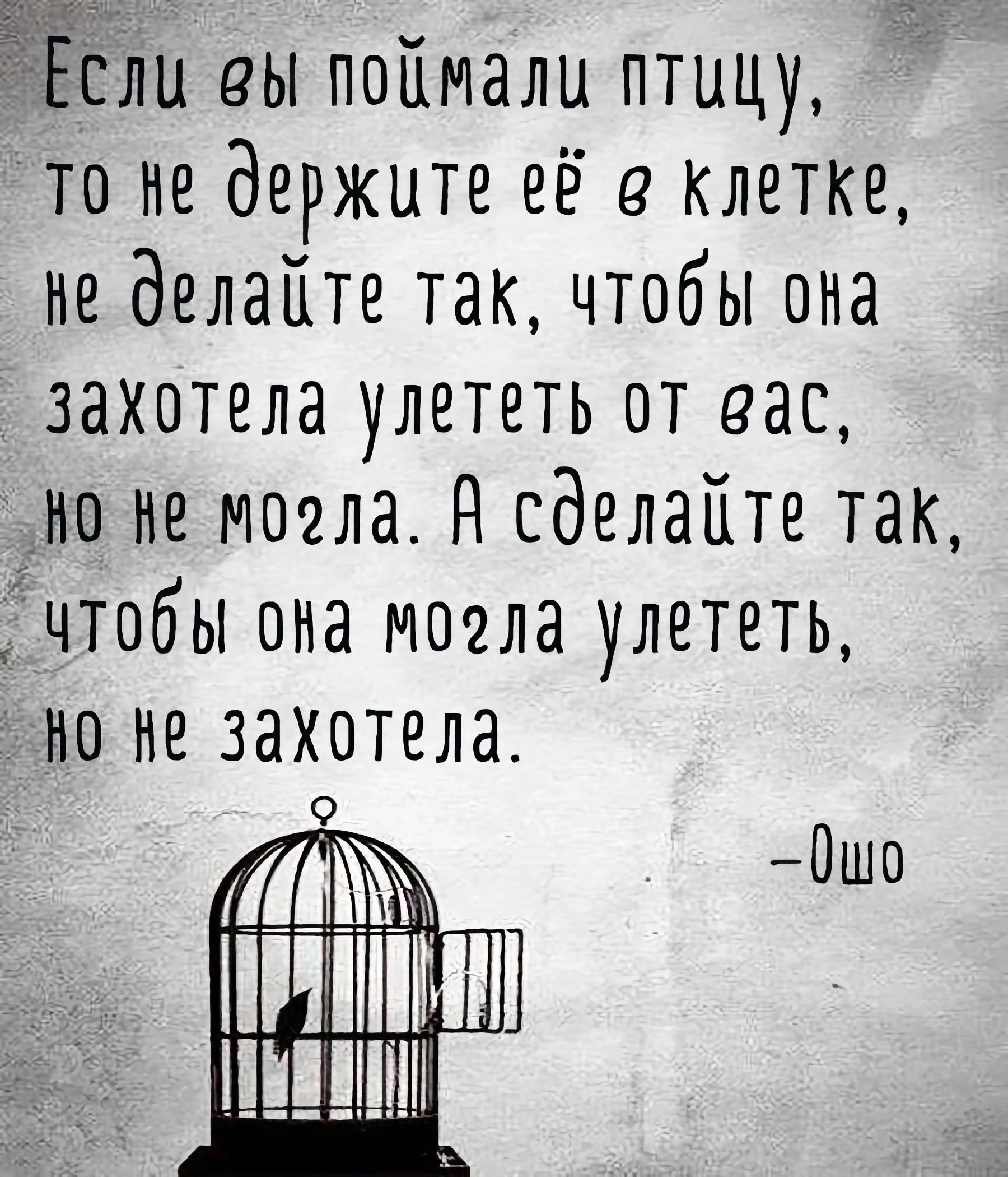 Если вы поймали птицу то не держите ее клетке не делайте так чтобы она захотела улететь от зас но не могла НсделаПте так чтобы она могла улететь но не захотела 0шо