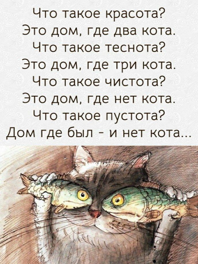 Что такое красота Это дом где два кота Что такое теснота Это дом где три кота Что такое чистота Это дом где нет кота Что такое пустота Дом где был и нет кота