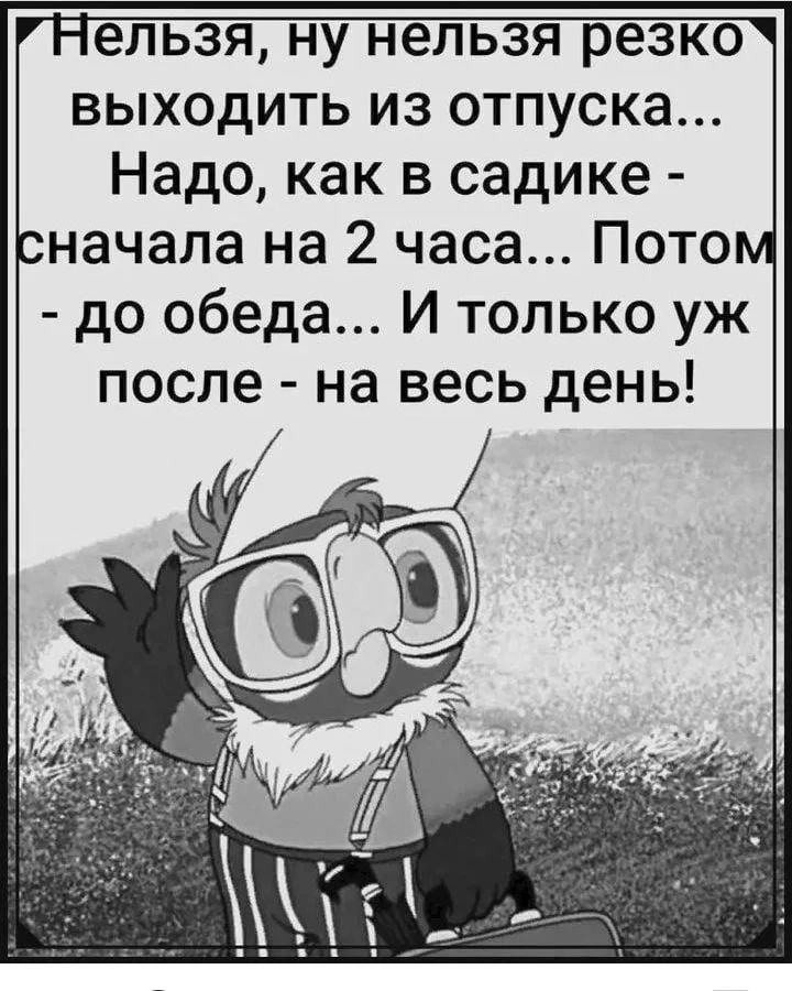 ельзя ну нельзя резко выходить из отпуска Надо как в садике начала на 2 часа Пото до обеда И только уж после на весь день