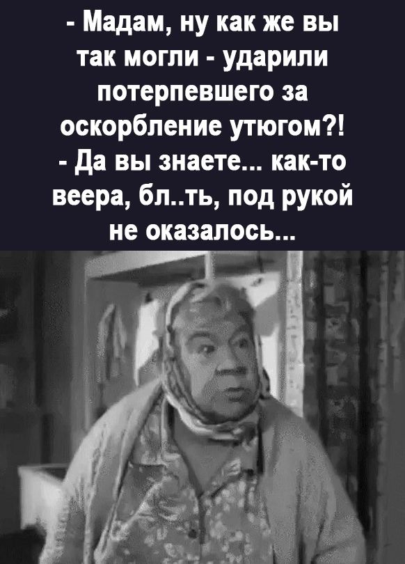 Мадам ну как же вы так могли ударили потерпевшего за оскорбление утюгом да вы знаете как то веера бпть под рукой не оказалось
