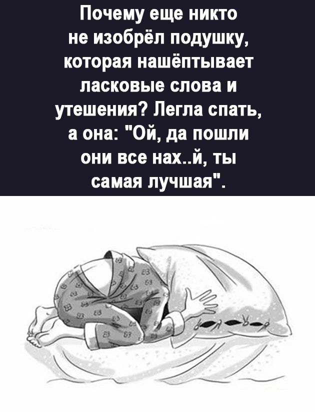 Почему еще никто не изобрёл подушку которая нашёптывает ласковые слова и утешения Пегпа спать а она Ой да пошли они все нахй ты самая лучшая