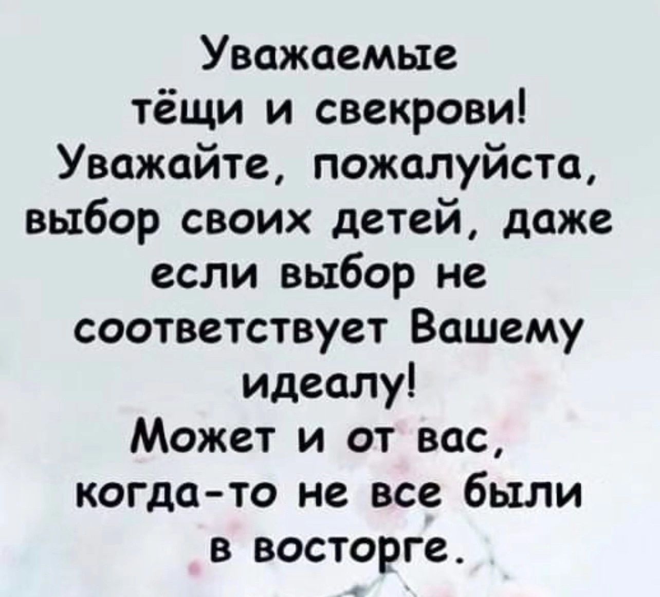 Уважаемые тёщи и свекрови Уважайте пожалуйста выбор своих детей даже если выбор не соответствует Вашему идеалу Может и от вас когда то не все были в восторге