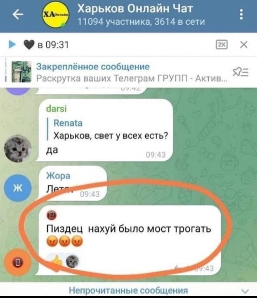Харьков Оипаин Чат 6 А _ воот Закрепленное сшбщвние _ м м жщ аш иепыа харьков свет у всех есть да епрочигаиные сообщении
